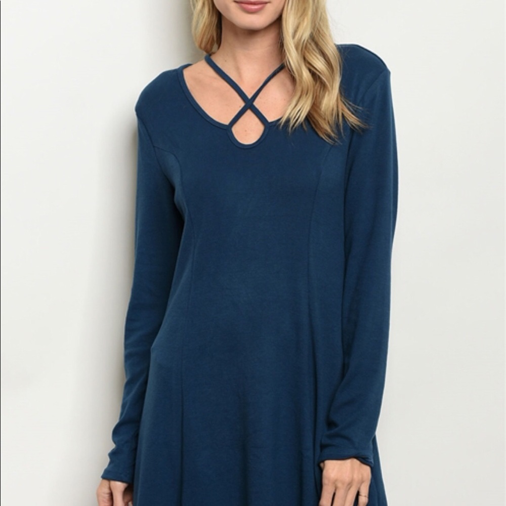 New Teal Blue Long Sleeve Midi Dress Relaxed Fit